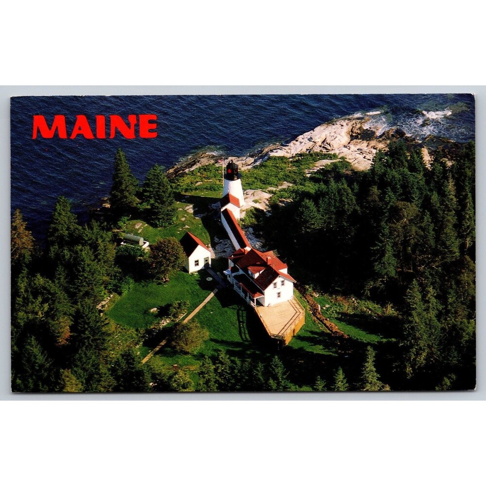 Vintage Postcard Maine Burnt Island Light Lighthouse Aerial View c1970s Ocean ME